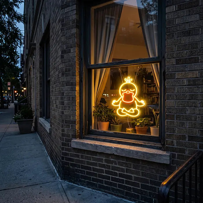 Pokémon Psyduck in Meditation Set Neon LED Sign, design Good Vibes Psyduck: in the window of a brick house, seen from the street