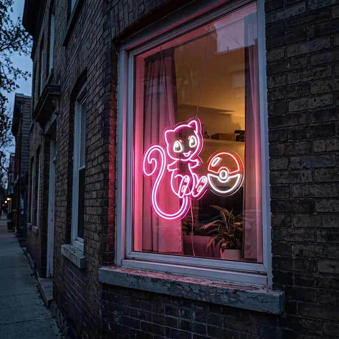 Cute Mew with Poké Ball Neon LED Sign – Dimmable with Remote | Pokémon Gaming Decor