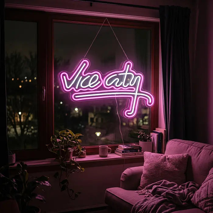 Vice City Original Neon LED Sign in a living room window above an armchair