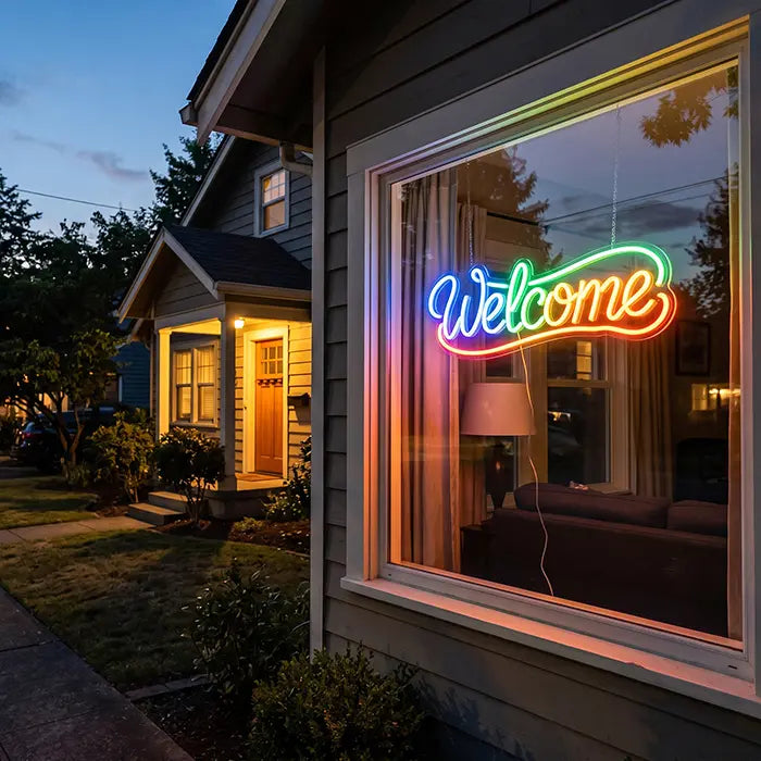 Welcome Neon LED Sign in the window of a house at dusk