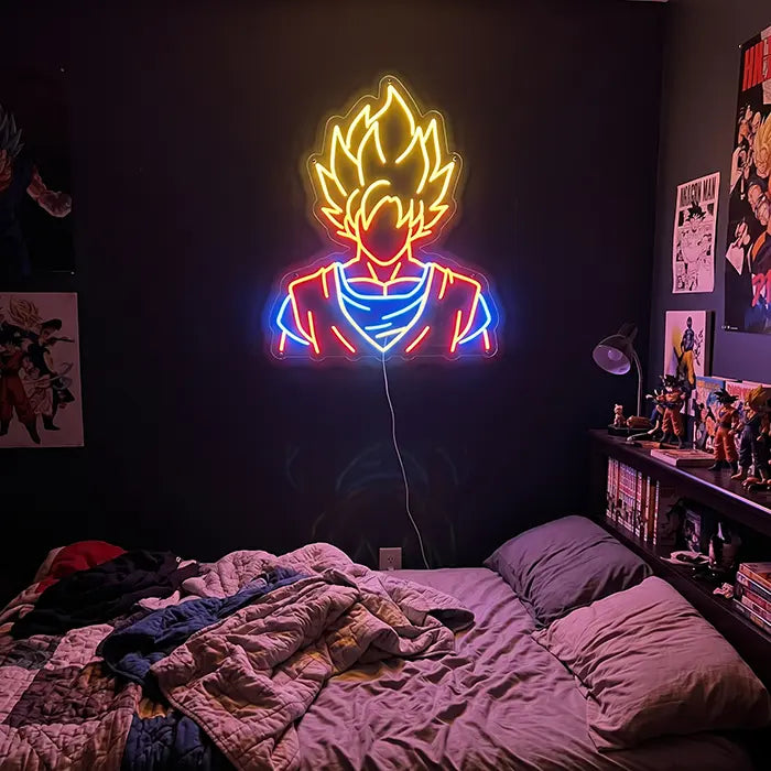 Super Saiyan Anime Hero Neon LED Sign on a bedroom wall above the bed, manga posters and figures beside