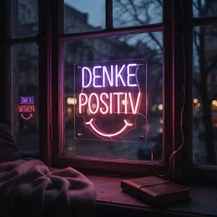 Denke Positiv Neon LED Schild am Fenster bei Dämmerung, davor eine Kuscheldecke und ein Notizbuch