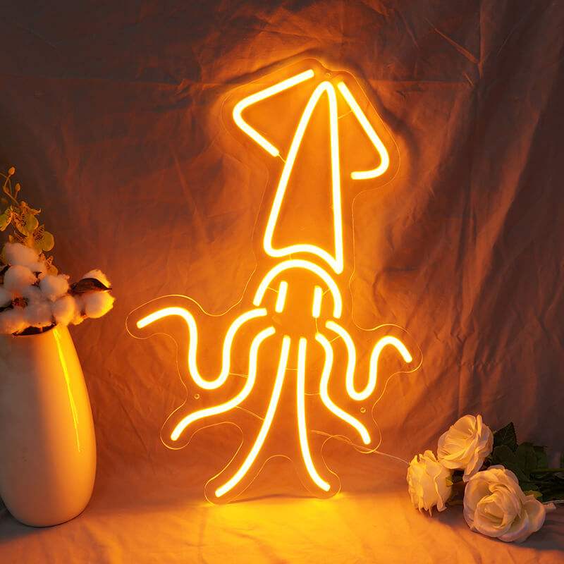 Goldener Tintenfisch Neon LED Schild handgefertigt – Fischrestaurant Schaufenster Deko