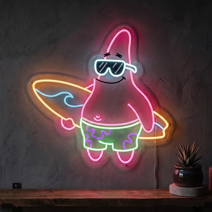 Patrick Surfer Neon LED Schild – Patrick Star mit Sonnenbrille und Surfbrett