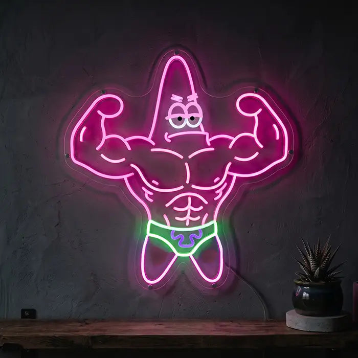 Patrick Bodybuilder Neon LED Schild – muskulöser Patrick Star beim Posen