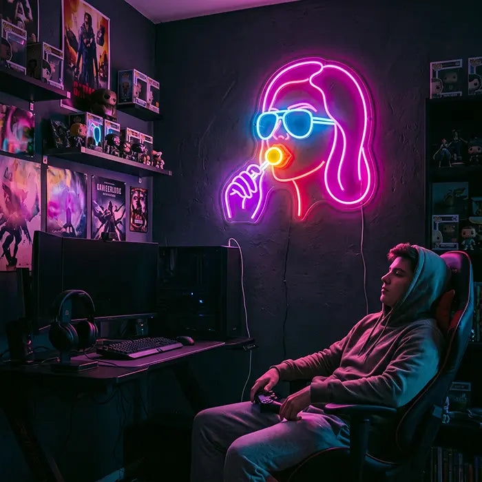 Girl with Lollipop Neon LED Sign – Dimmable with Remote | Pop Art Wall Decor