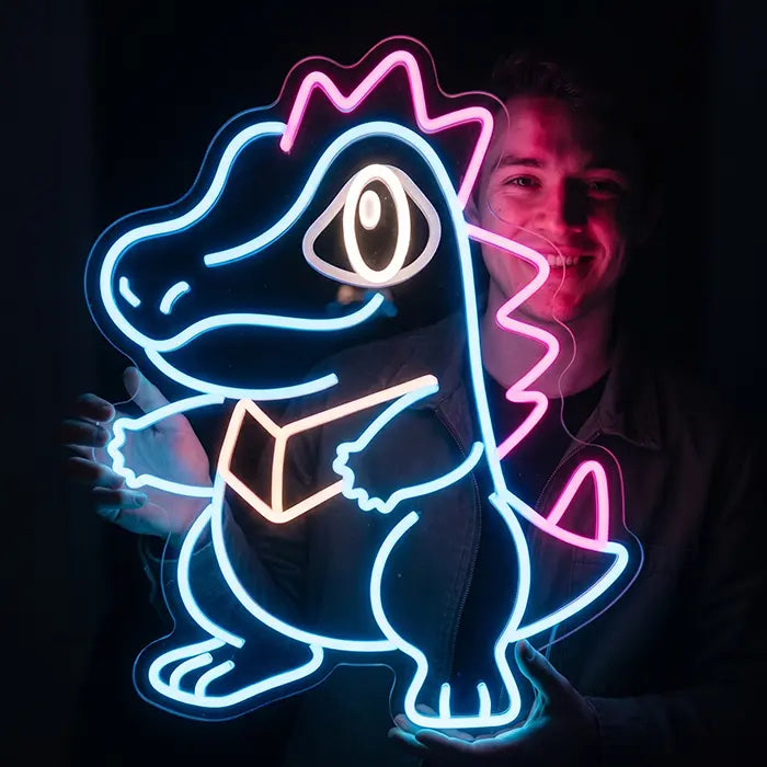 Pokémon Totodile Set Neon LED Sign, design Totodile Punk: held by a smiling man