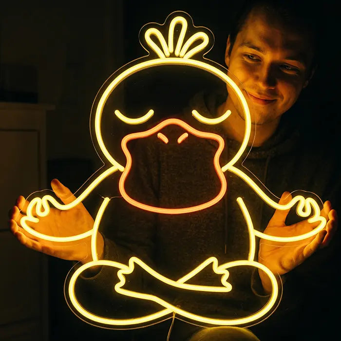 Pokémon Psyduck in Meditation Set Neon LED Sign, design Good Vibes Psyduck: held by a smiling man