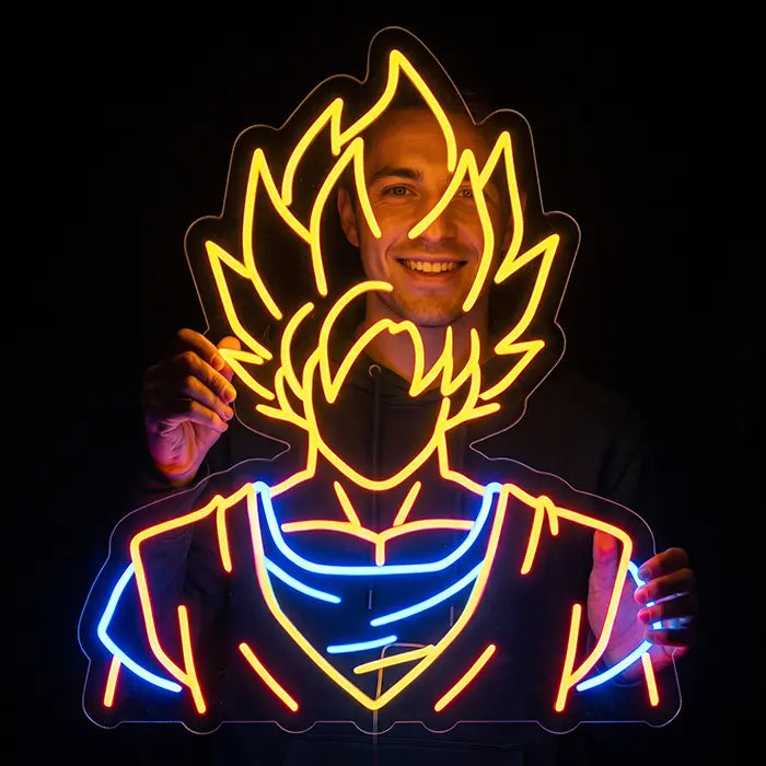 Super Saiyan Anime Hero Neon LED Sign held by a smiling man