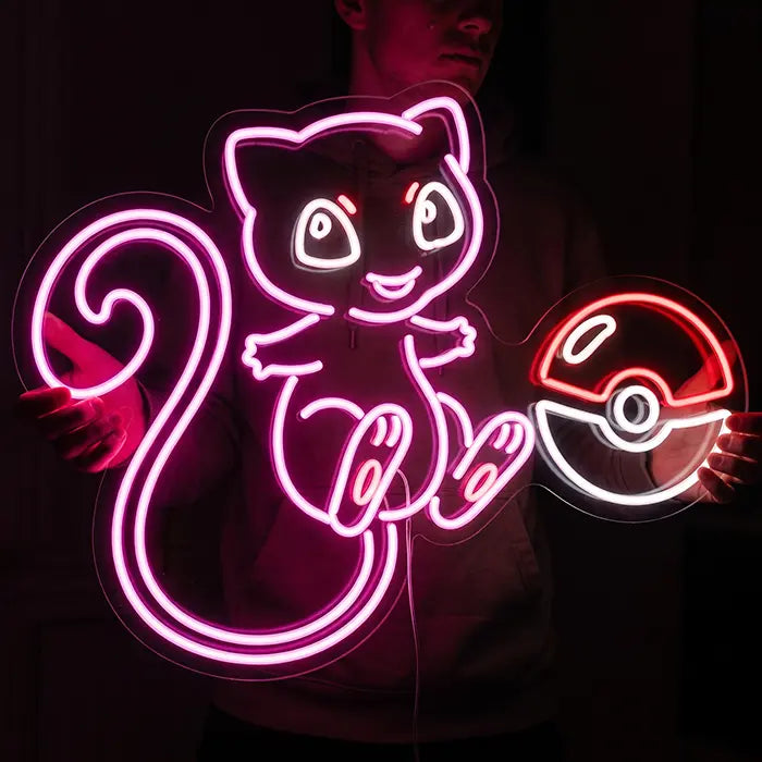 Cute Mew with Poké Ball Neon LED Sign – Dimmable with Remote | Pokémon Gaming Decor