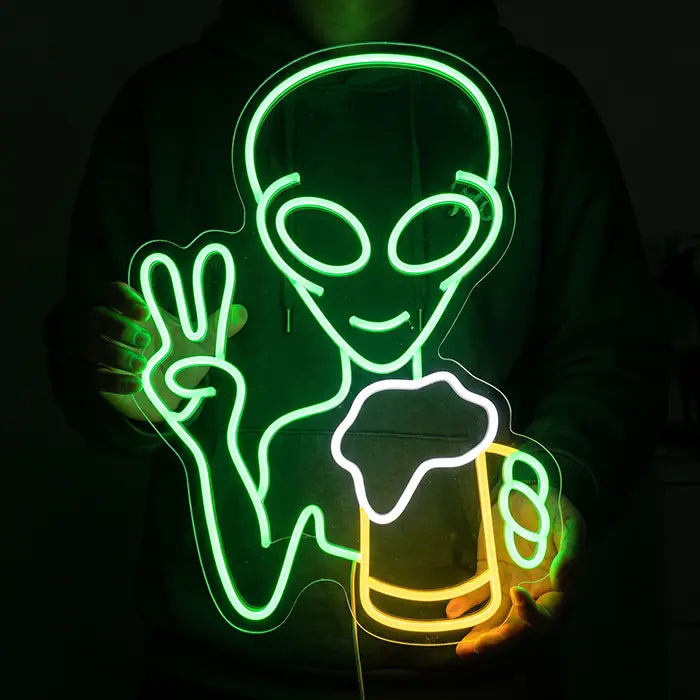 Alien with Beer Neon LED Sign – Dimmable, USB or 12V | Party & Bar Decor