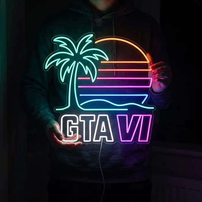 GTA VI Miami Set Neon LED Sign in the Standard design held in front of the body by a person