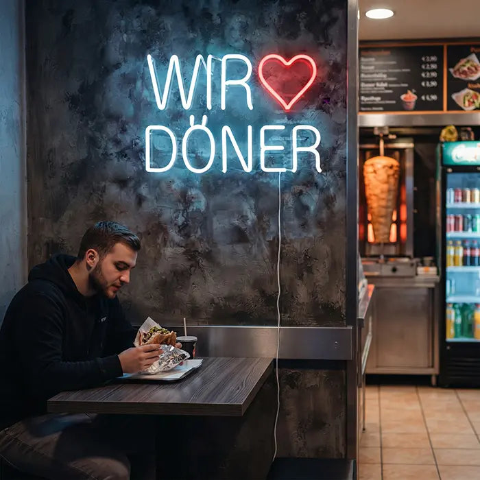 We Love Döner Neon LED Sign on the wall of a kebab shop, a guest eating at a table below