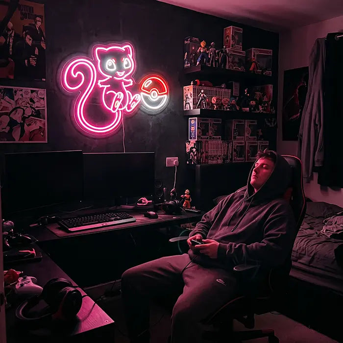 Cute Mew with Poké Ball Neon LED Sign – Dimmable with Remote | Pokémon Gaming Decor