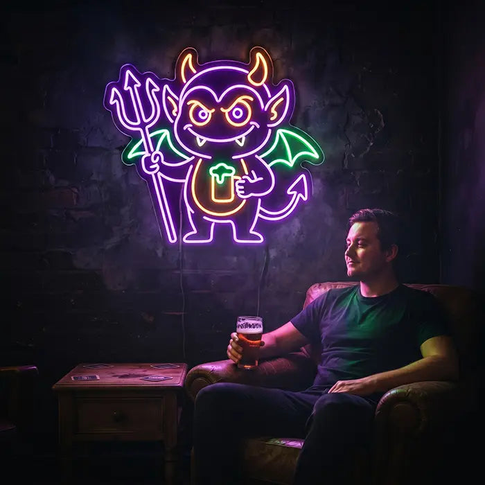 Teufel Neon LED Schild in der Heimbar, darunter sitzt ein Mann mit Bier in einem Ledersessel