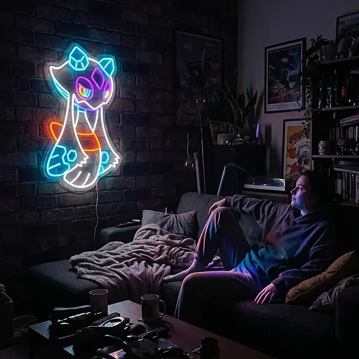 Pokémon Froslass Neon LED Sign on a brick wall above a person relaxing on the sofa
