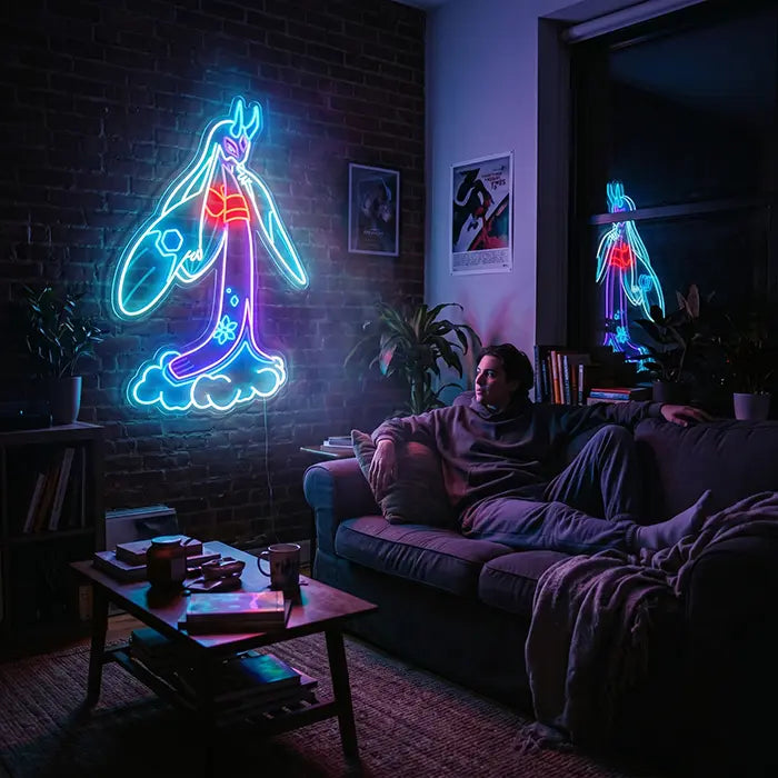 Pokémon Mega Froslass Neon LED Sign on a brick wall above a man on the sofa, a coffee table in front