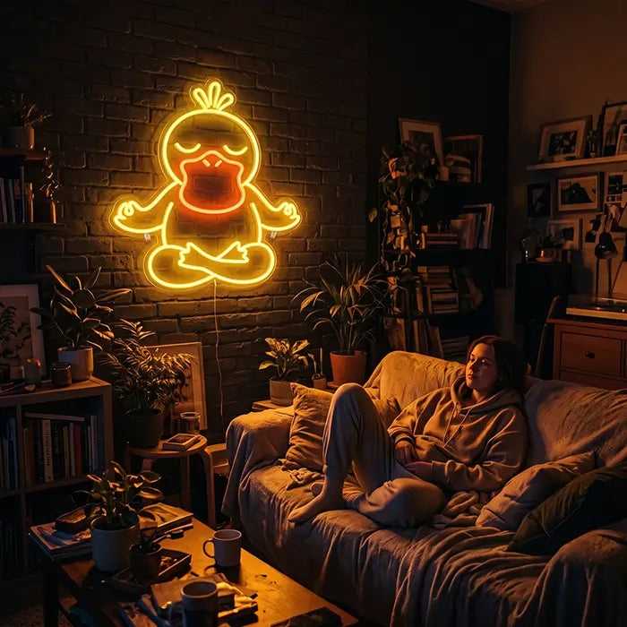 Pokémon Psyduck in Meditation Set Neon LED Sign, design Good Vibes Psyduck: on a brick wall above a woman relaxing on the sofa