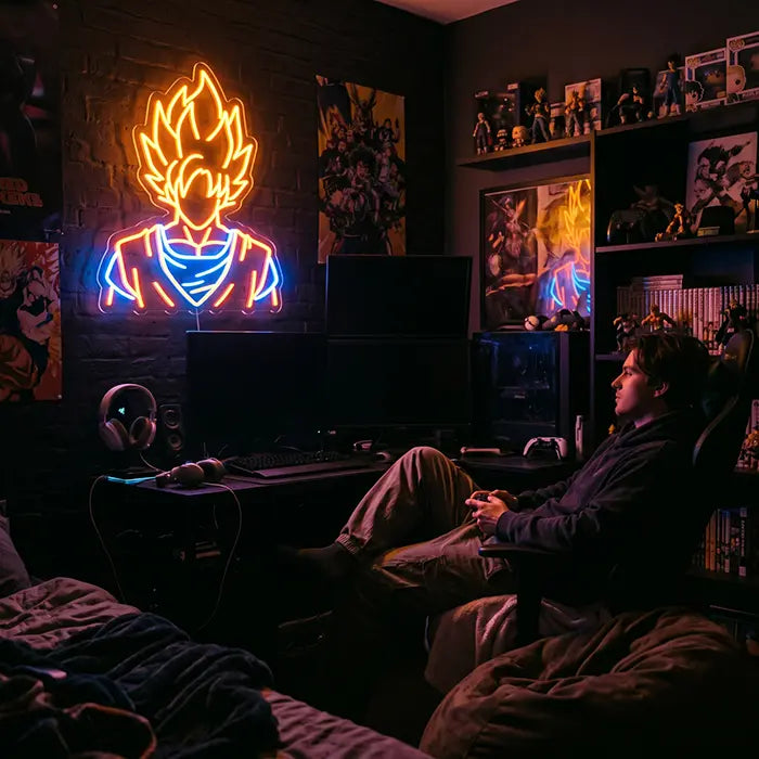 Super Saiyan Anime Hero Neon LED Sign above a gaming desk with figure shelves, a man in a gaming chair in front