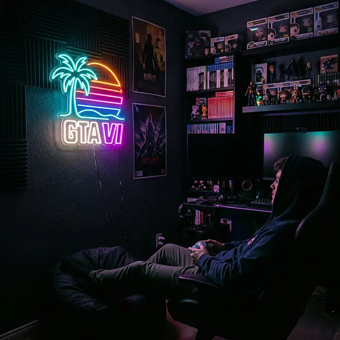 GTA VI Miami Set Neon LED Sign in the Standard design in a gaming room, a man in a gaming chair in front