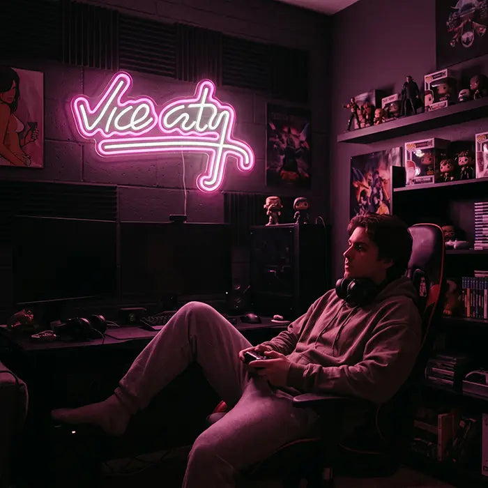 Vice City Original Neon LED Sign in a gaming room, a man in a gaming chair in front