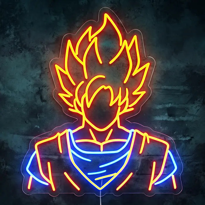 Super Saiyan Anime Hero Neon LED Sign front view on a dark wall, Goku from Dragon Ball with golden spiky hair, an orange gi and a blue undershirt