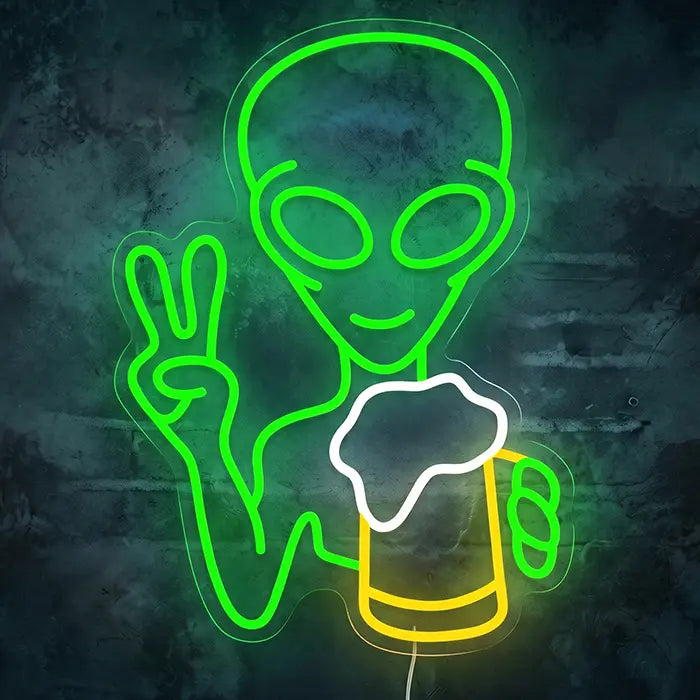 Alien with Beer Neon LED Sign – Dimmable, USB or 12V | Party & Bar Decor