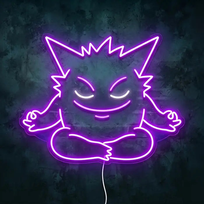 Pokémon Gengar in Meditation Neon LED Sign front view on a dark wall, purple outline cross-legged with closed eyes