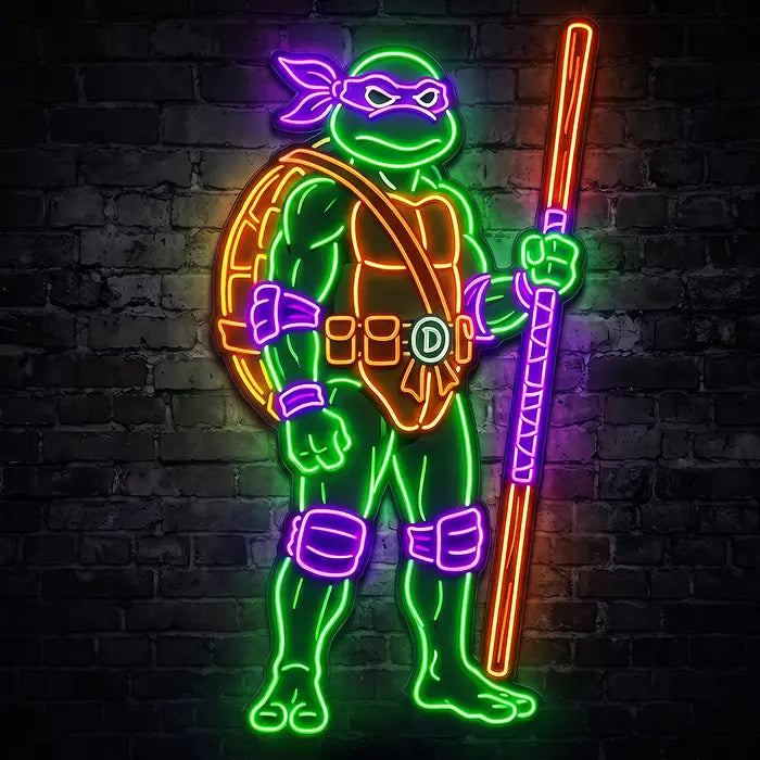 Ninja Turtles Set Neon LED Sign design Donatello with a purple mask and a bo staff on a dark brick wall