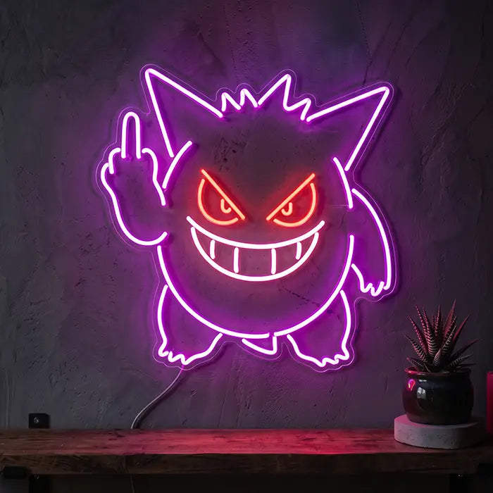 Gengar Mittelfinger Neon Pokémon  LED Schild – USB Leuchtschild | Gamer Wanddeko