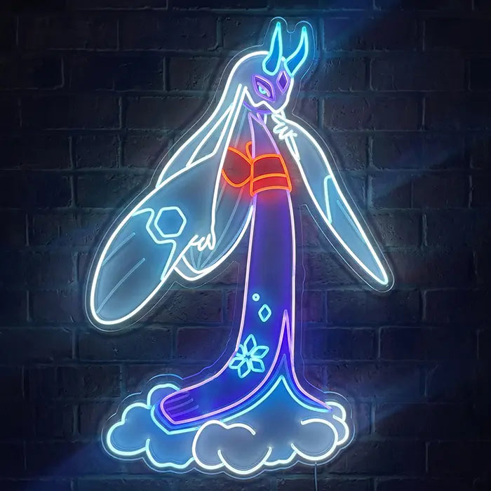 Pokémon Mega Froslass Neon LED Sign front view on a dark brick wall, red sash and flower pattern glowing