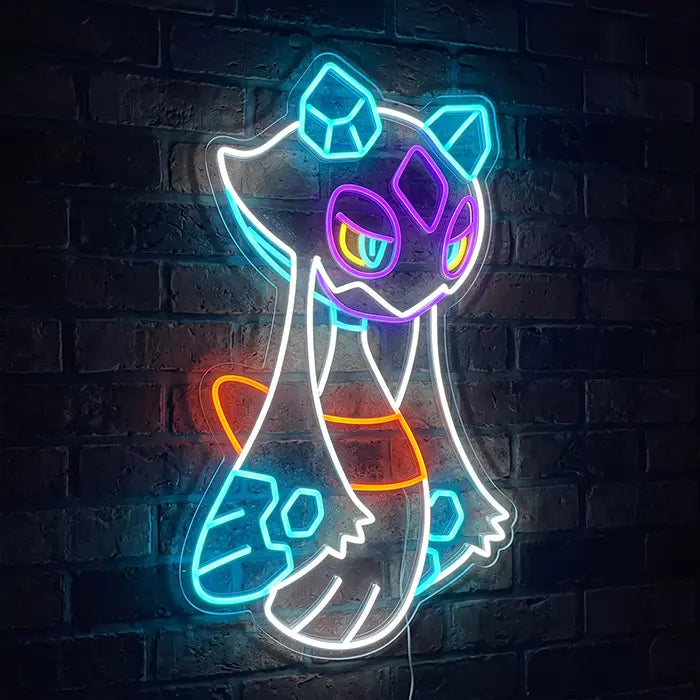 Pokémon Froslass Neon LED Sign front view on a brick wall, ice blue, violet and red glowing