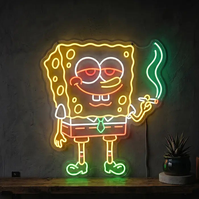 SpongeBob Kiffer Neon LED Schild – entspannter SpongeBob mit Joint und grünem Rauch