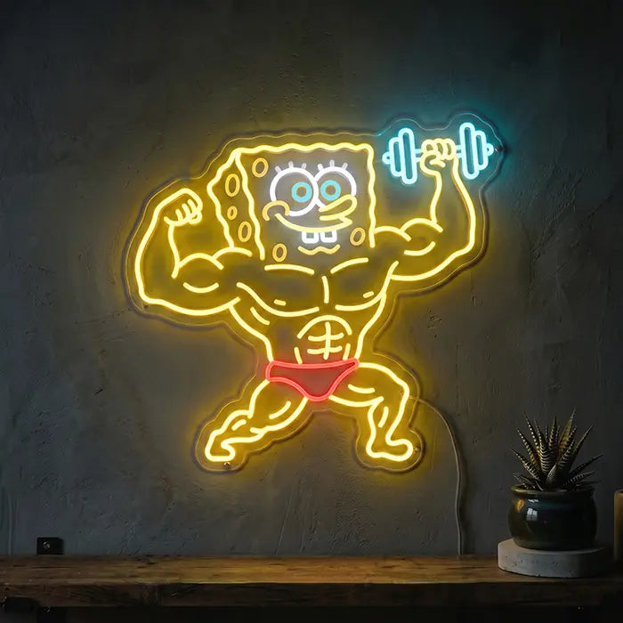 SpongeBob Bodybuilder Neon LED Schild – muskulöser SpongeBob mit Hantel