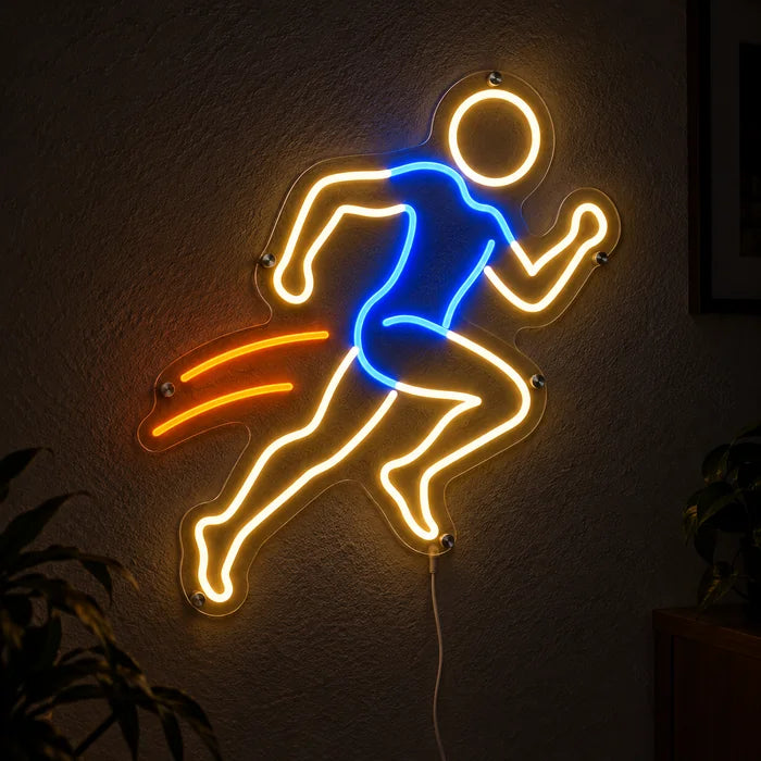Evening Runner Neon LED Sign glowing on a dark wall, close-up with connection cable