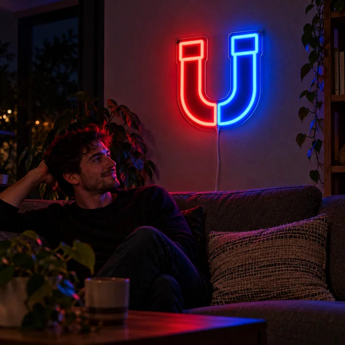 Magnetic Attraction Neon LED Sign on a living room wall, a person relaxing on the sofa in front of it