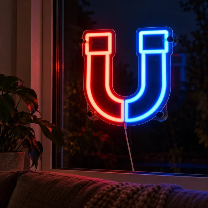 Magnetic Attraction Neon LED Sign in the window of a cosy living room in the evening