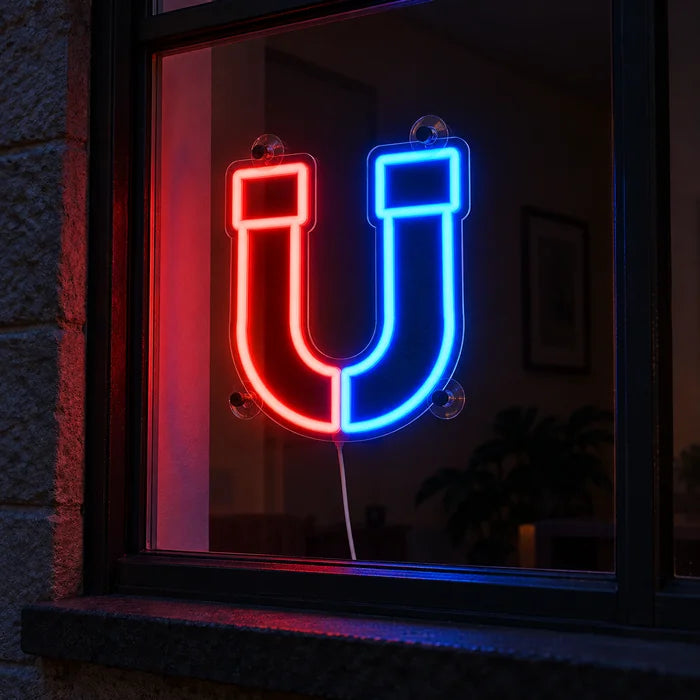 Magnetic Attraction Neon LED Sign in a window, seen from the street at night