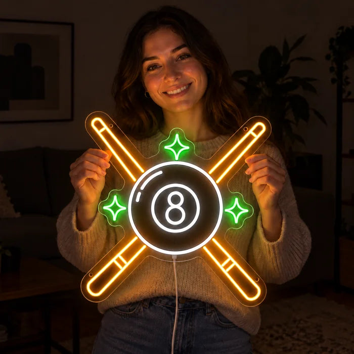 Crossed Pool Cues Neon LED Sign held by a smiling woman against a dark background