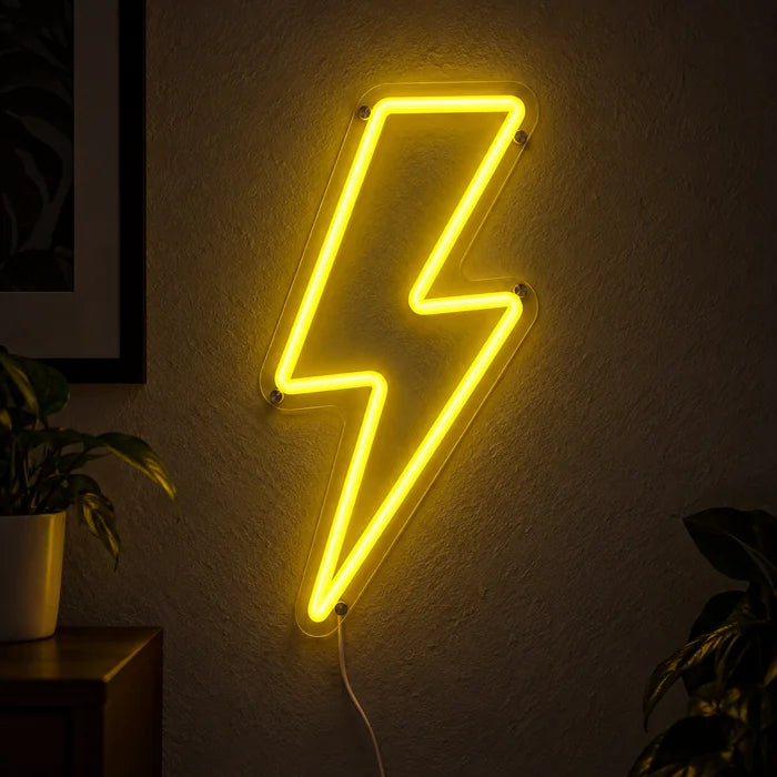 Lightning Bolt Neon LED Sign glowing on a dark wall, close-up with connection cable