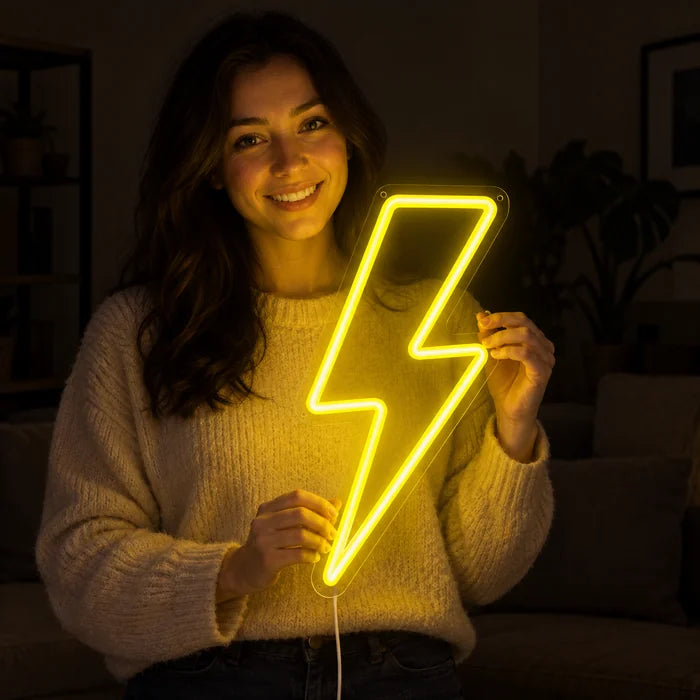 Lightning Bolt Neon LED Sign held by a smiling woman against a dark background