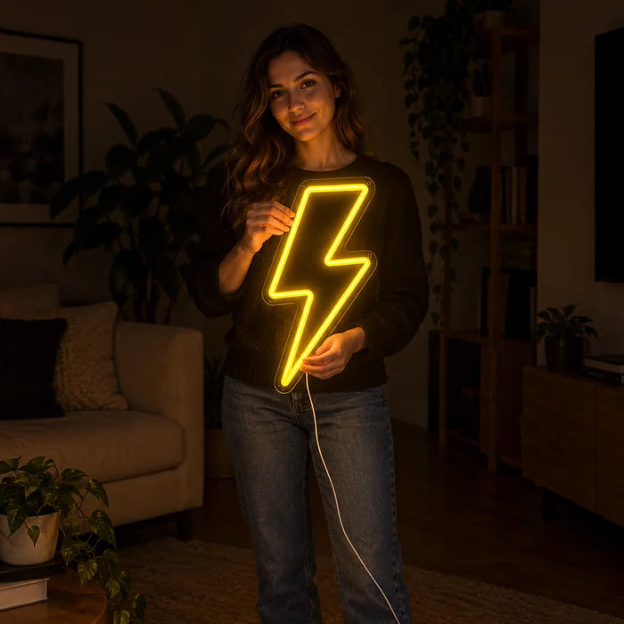 Lightning Bolt Neon LED Sign held by a woman, showing its size compared to her body
