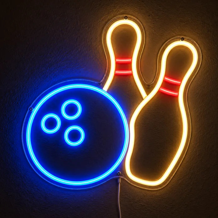 Bowling Night Neon LED Sign glowing on a dark wall, close-up with connection cable