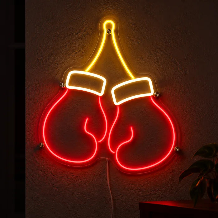 Boxing Gloves Neon LED Sign glowing on a dark wall, close-up with connection cable