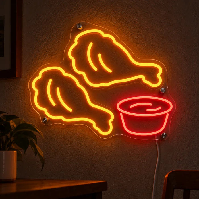 Cartel de neón LED Nuggets de pollo encendido en una pared oscura, primer plano con cable de conexión