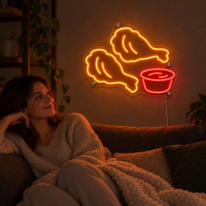 Cartel de neón LED Nuggets de pollo en la pared del salón, delante una persona relajada en el sofá