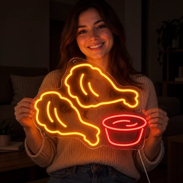 Cartel de neón LED Nuggets de pollo en las manos de una mujer sonriente ante un fondo oscuro