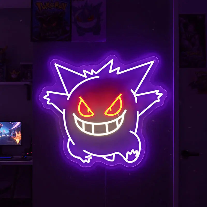 Gengar LED Leuchtschild beleuchtet – Custom Neon-Flex auf schwarzem Hintergrund