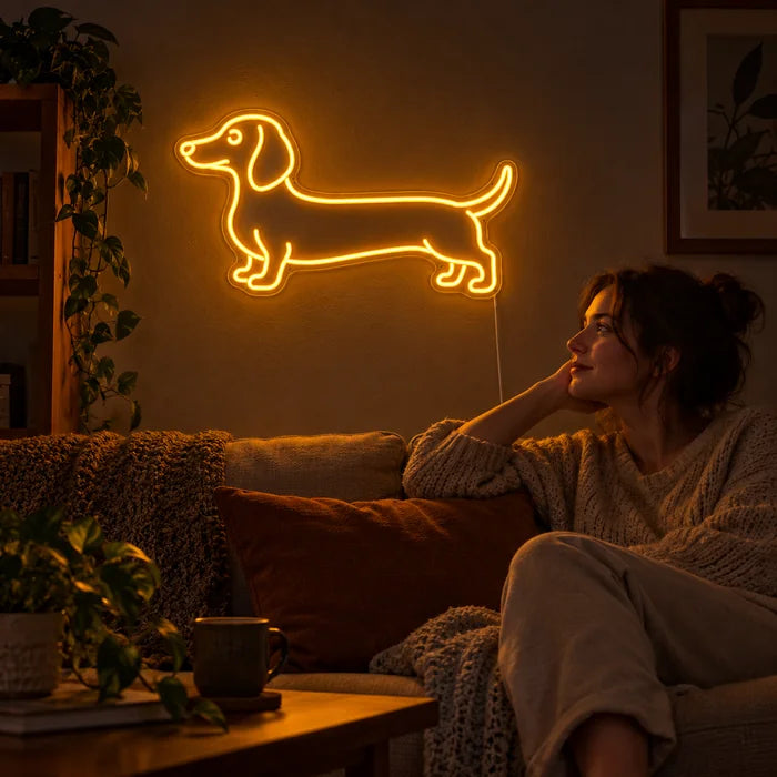 Dackel Neon LED Schild an der Wohnzimmerwand, davor entspannt eine Person auf dem Sofa