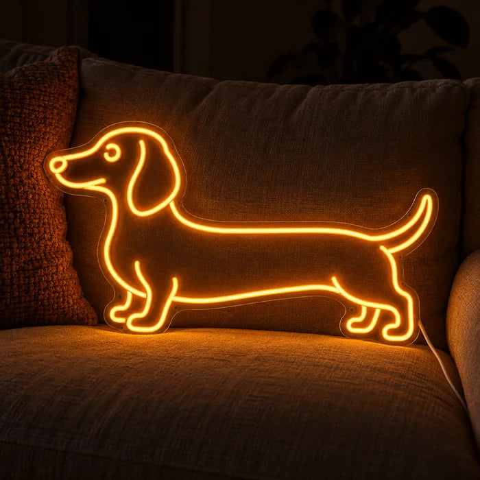 Dachshund Neon LED Sign on a cosy sofa between cushions and a throw